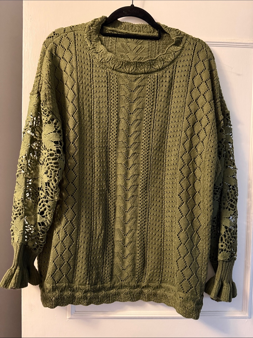 Olive Green Open-Knit Cable Sweater - Women